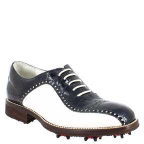 Chaussures de golf en cuir pleine fleur pour femmes, fabriquées à la main, blanc coco bleu