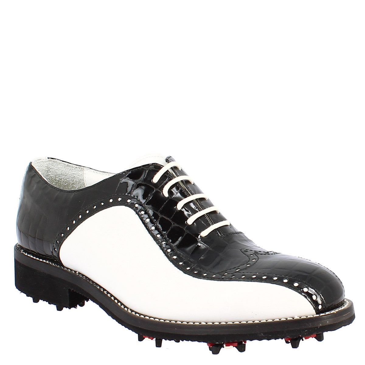 Handmade women's golf shoes in black crocodile white full-grain leather