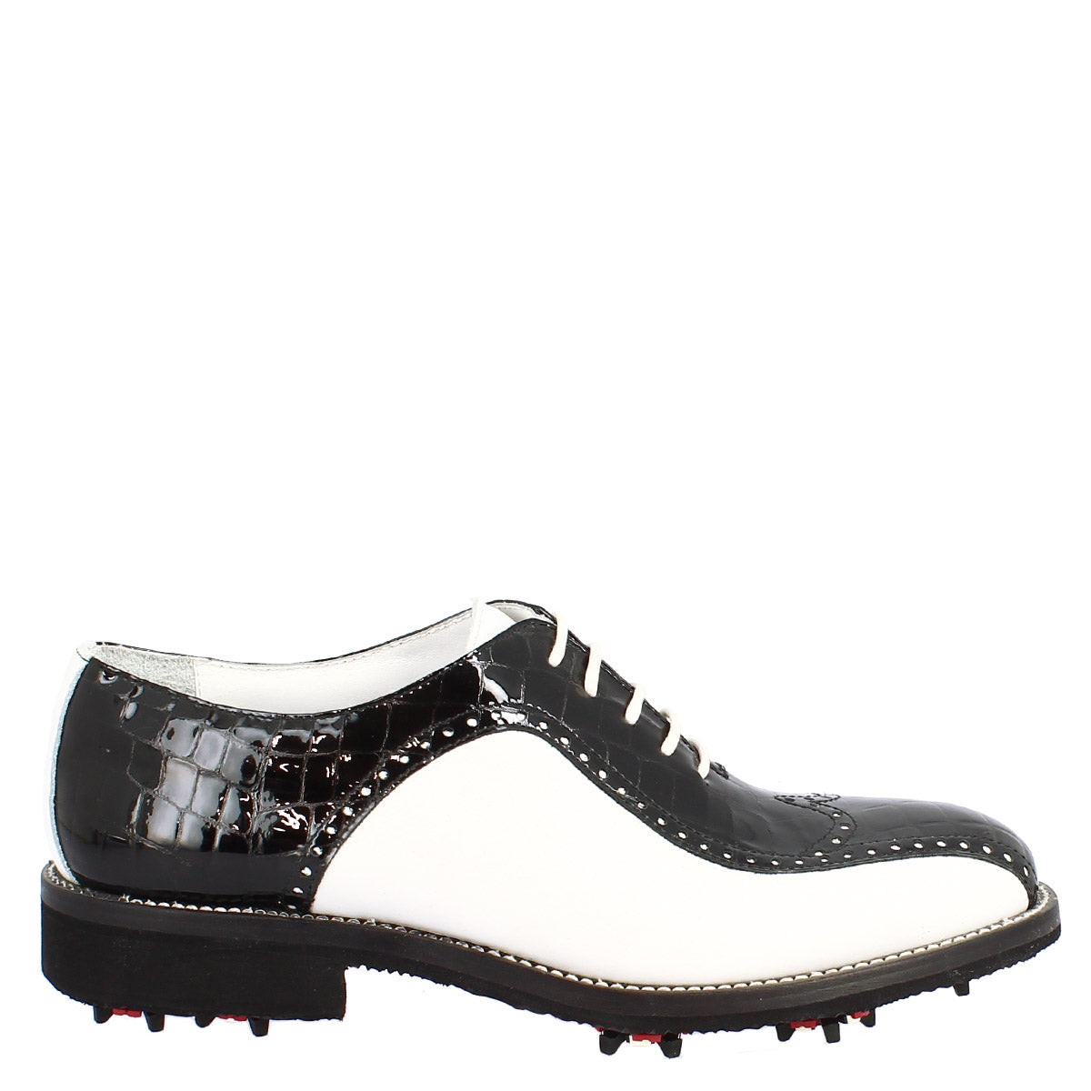 Handmade women's golf shoes in black crocodile white full-grain leather