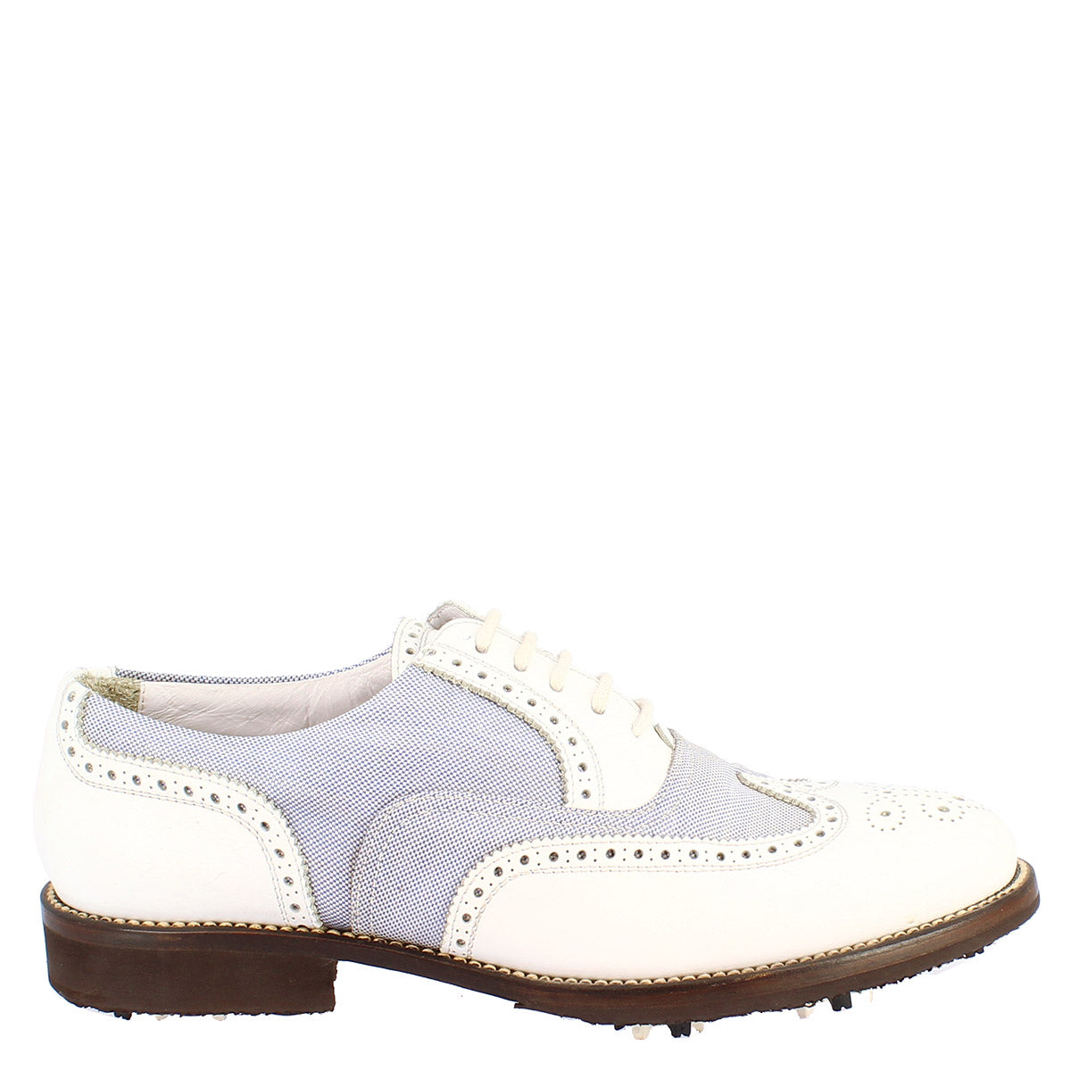 Handmade women's summer golf shoes in white leather and fabric