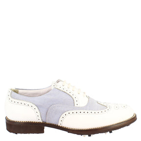 Handmade white leather and fabric summer men's golf shoes