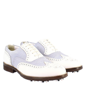 Handmade white leather and fabric summer men's golf shoes