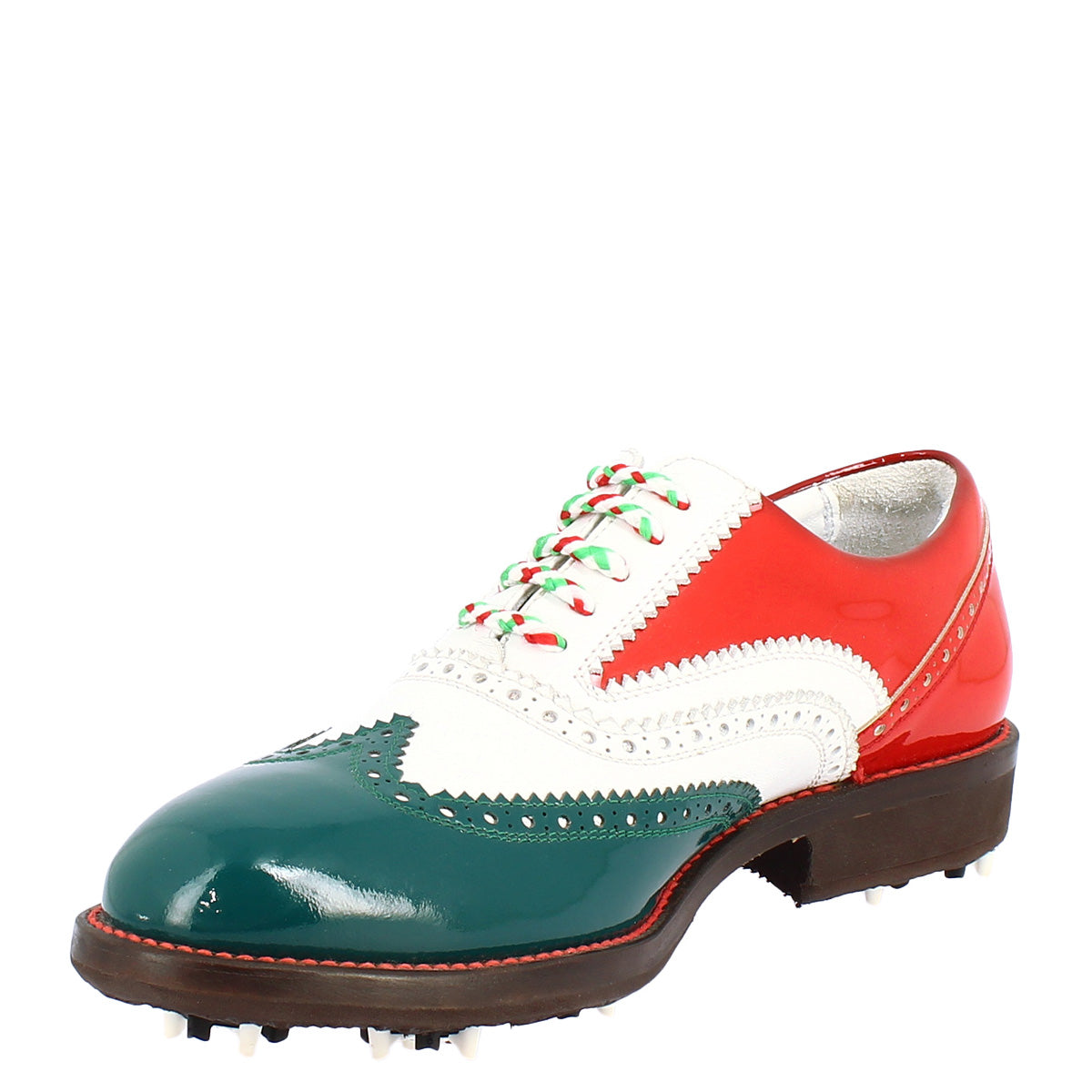 Handgefertigte Golfschuhe für Damen in den Farben der italienischen Flagge