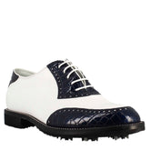 Chaussures de golf pour homme fabriquées à la main en cuir blanc et noix de coco bleue