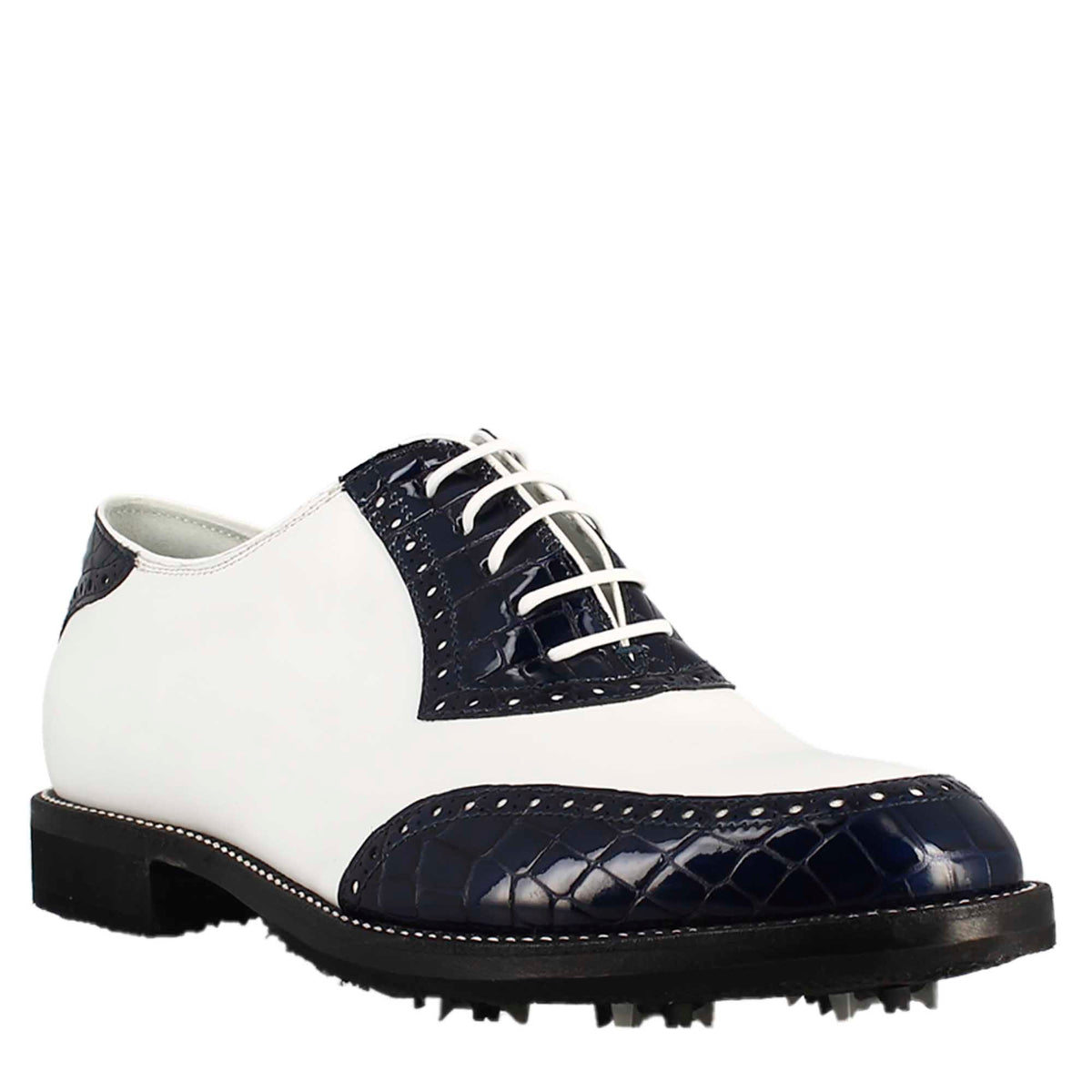 Handmade women's golf shoes in white crocodile blue full-grain leather