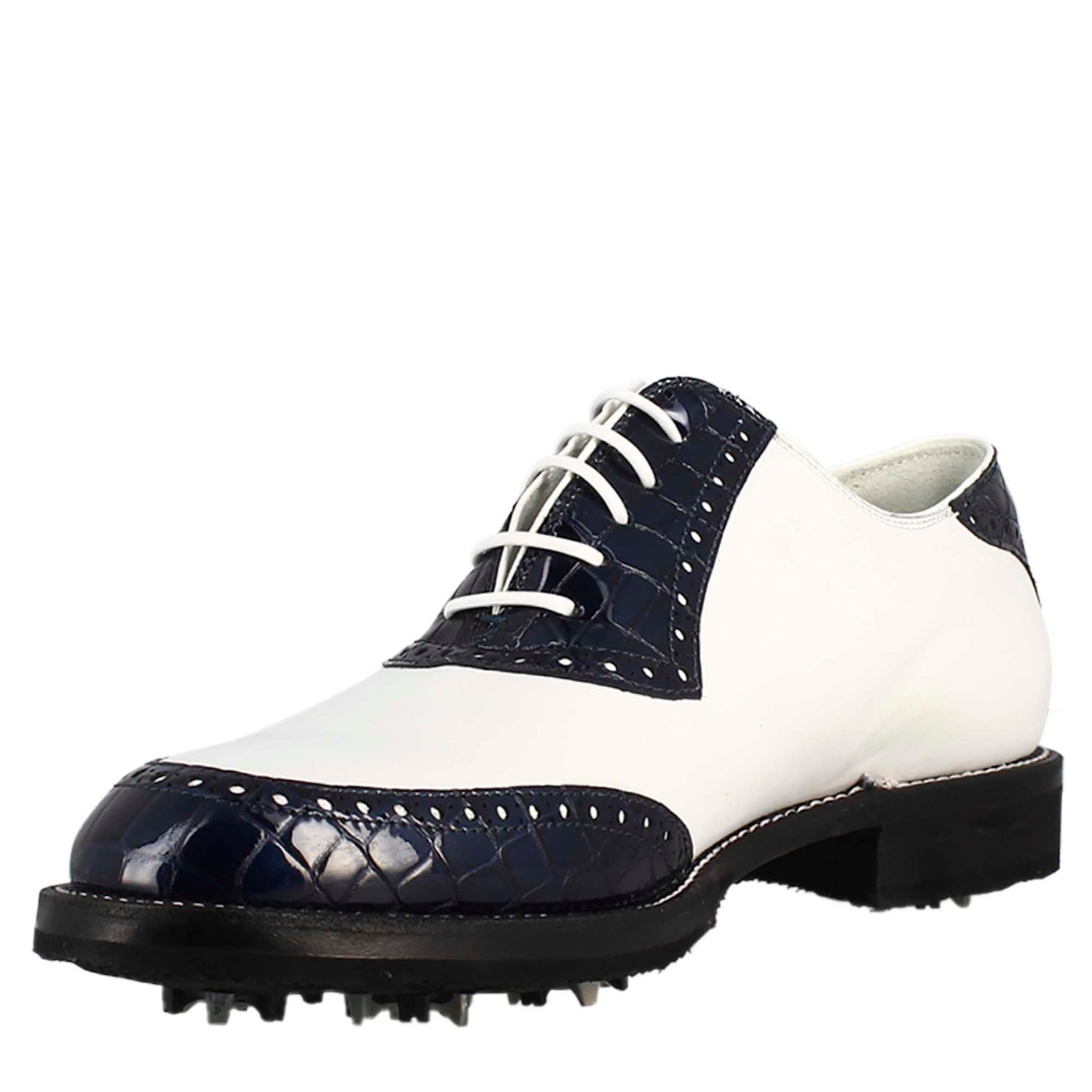 Handcrafted men's golf shoes in white leather and blue coconut