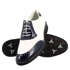 Chaussures de golf pour homme fabriquées à la main en cuir blanc et noix de coco bleue