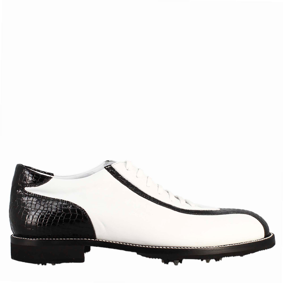 Handgefertigte Damen-Golfschuhe aus weißem Leder und schwarzen Kokosnuss-Details
