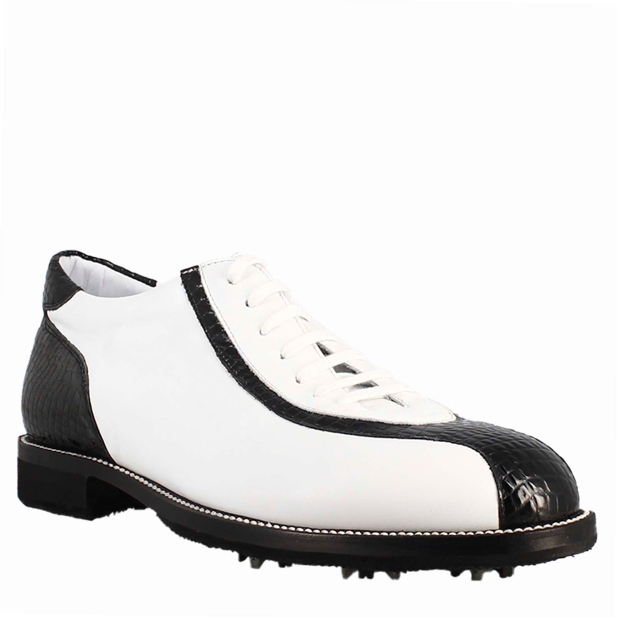 Handcrafted women's golf shoes in white leather and black coconut detailing