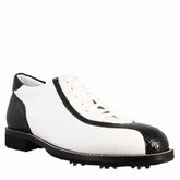 Chaussures de golf pour homme fabriquées à la main en cuir blanc et détails en noix de coco noire