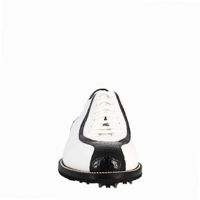 Handgefertigte Damen-Golfschuhe aus weißem Leder und schwarzen Kokosnuss-Details
