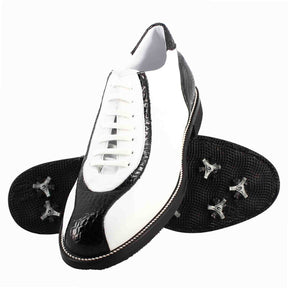 Scarpe golf da donna artigianali in pelle bianco e dettagli in cocco nero