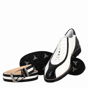 Handcrafted women's golf shoes in white leather and black coconut detailing
