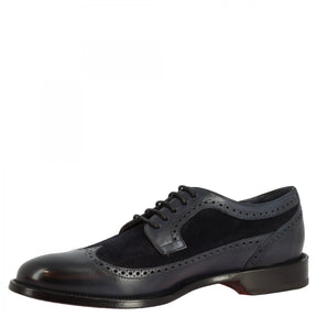 Men's handmade lace-up half brogues shoes in blue calfskin and suede