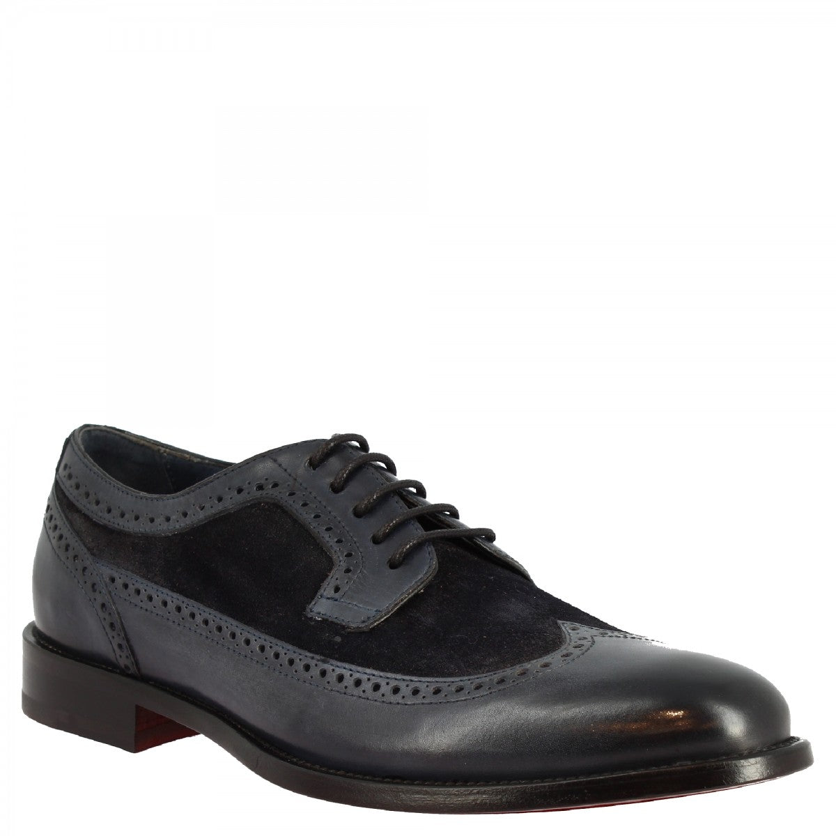 Men's handmade lace-up half brogues shoes in blue calfskin and suede
