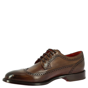 Men's handmade lace-up half brogues shoes in dark brown calf leather