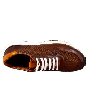 Elegant dark brown sneaker for men in woven leather 