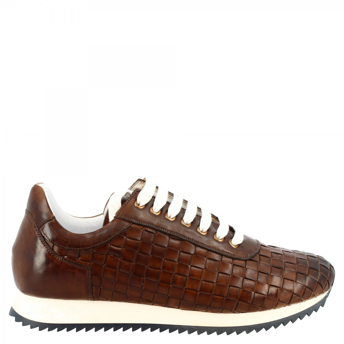 Sneakers casual da uomo fatte a mano in pelle di vitello intrecciata brandy