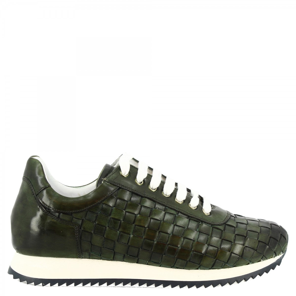 Sneakers casual da uomo fatte a mano in pelle di vitello intrecciata verde