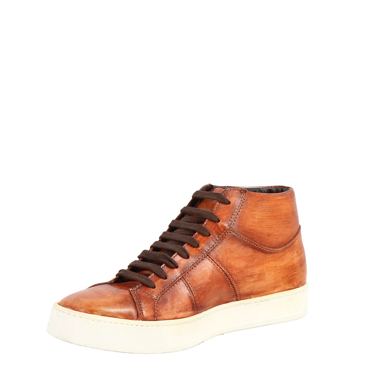 Men's handmade high-top sneakers in tan-colored leather