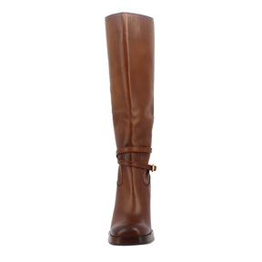 Women's boot with heel in brown leather and platform sole