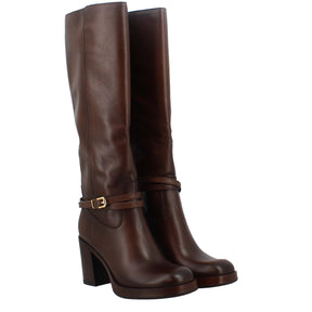 Women's boot with heel in dark brown leather and platform sole
