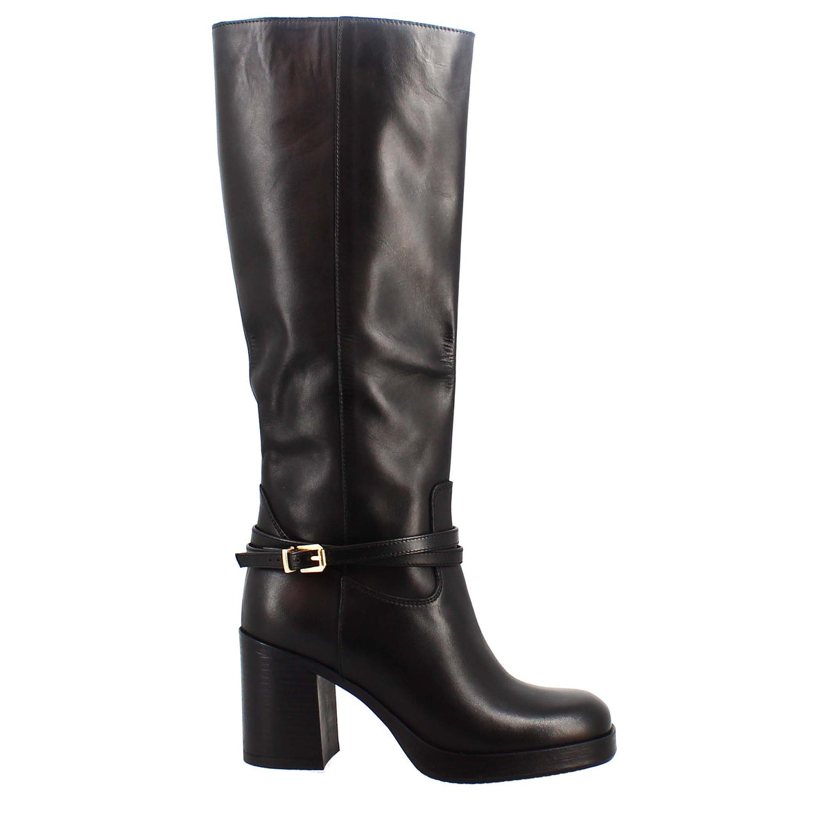 Women's boot with heel in black leather and platform sole