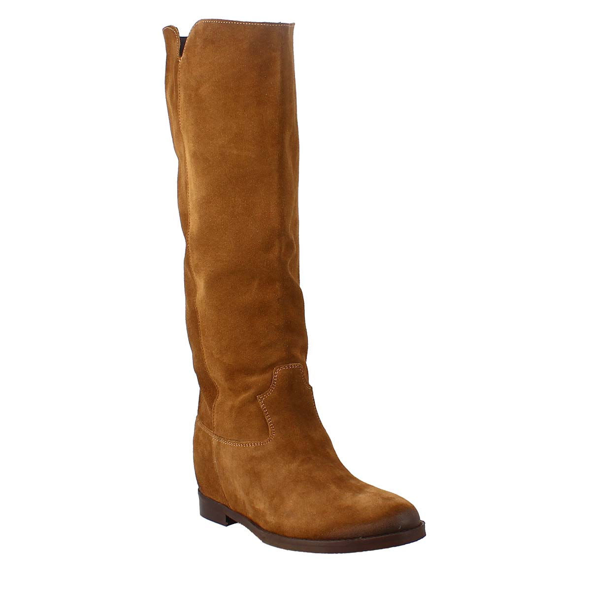 Low heel knee boot in brown suede leather
