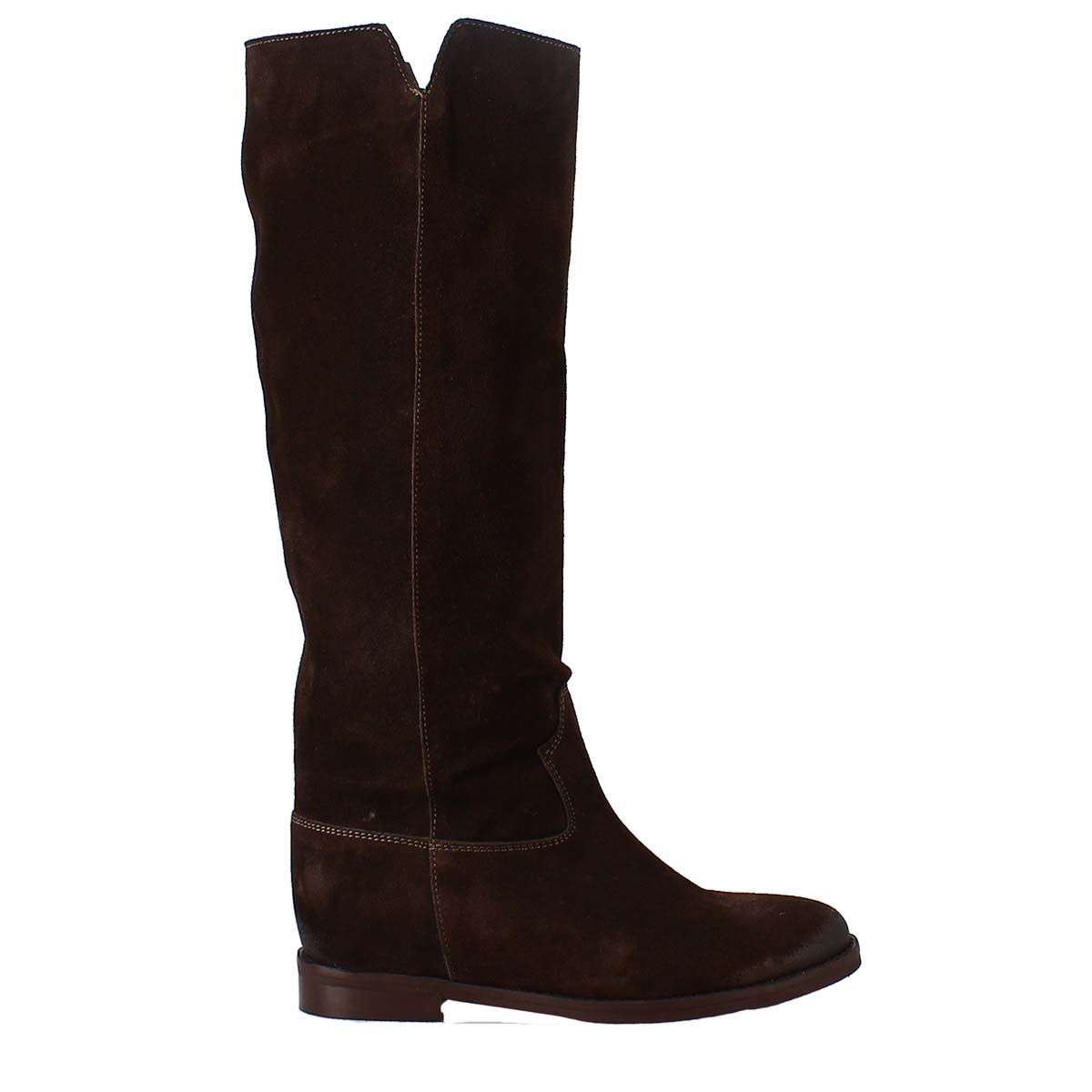 Low heel knee boot in dark brown suede leather