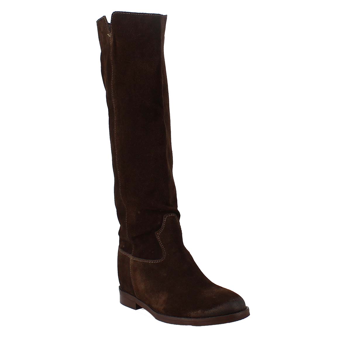 Low heel knee boot in dark brown suede leather