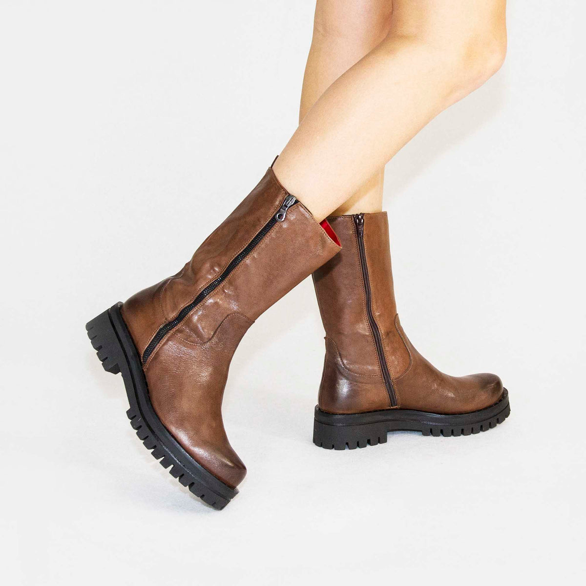 Women's handmade mid-calf ankle boots in brown calf leather and side zip