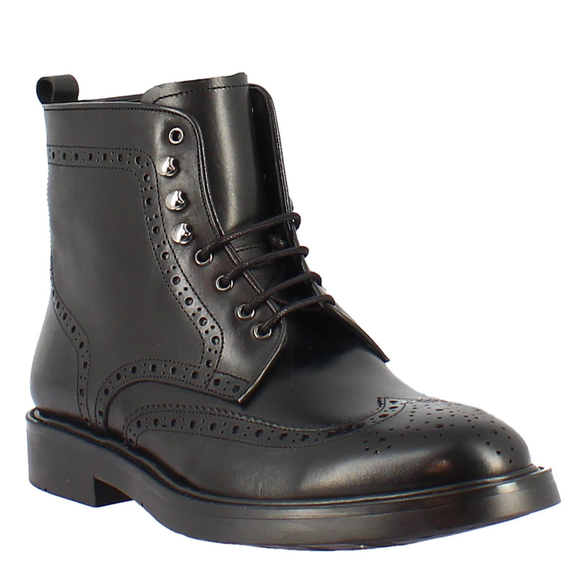 Men's brogue derby ankle boot in black leather with rubber sole 