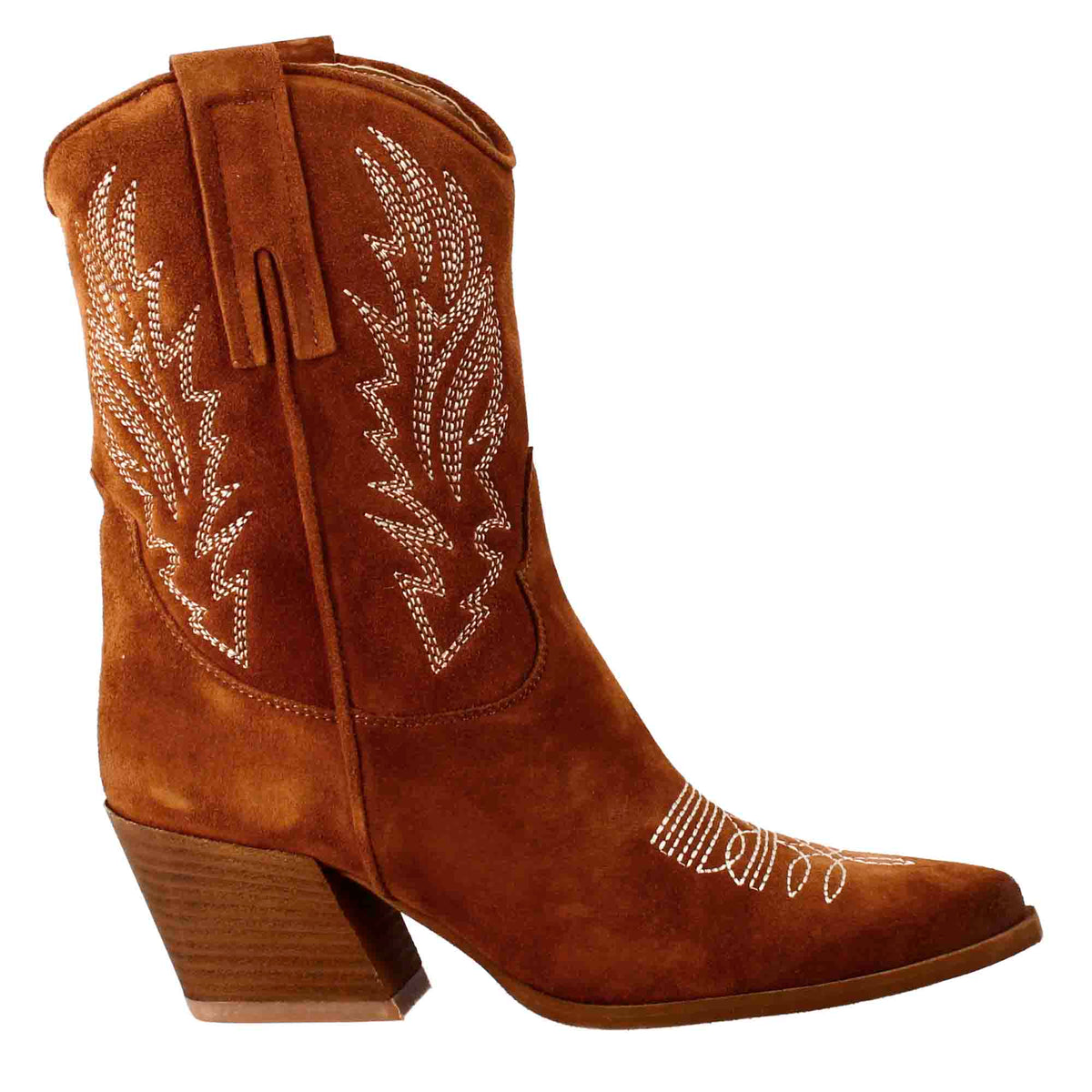 Low women's Texan boots in burnt brown suede with embroidery.
