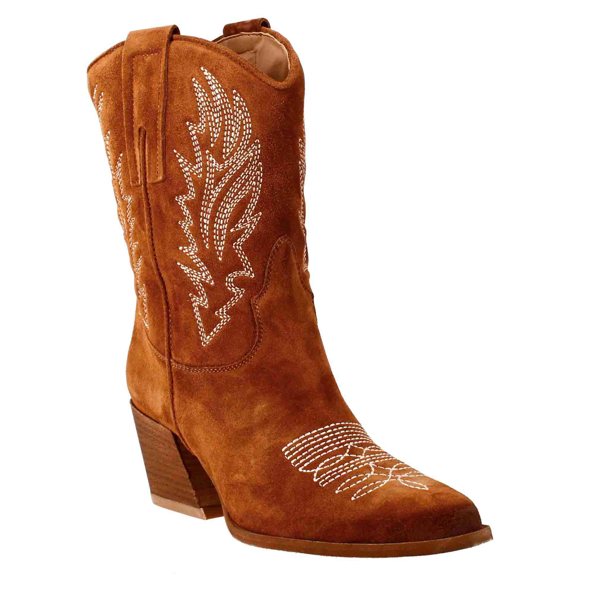 Low women's Texan boots in burnt brown suede with embroidery.