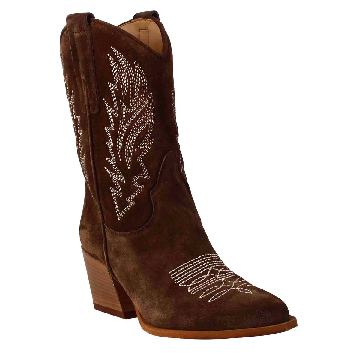 Bottines texanes basses pour femme en daim marron foncé avec broderie.