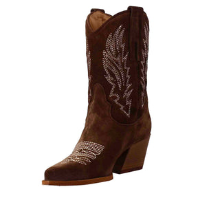 Women's low Texan boots in dark brown suede with embroidery.