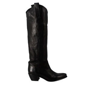 Women's handmade high Texan boots in black leather with zipper