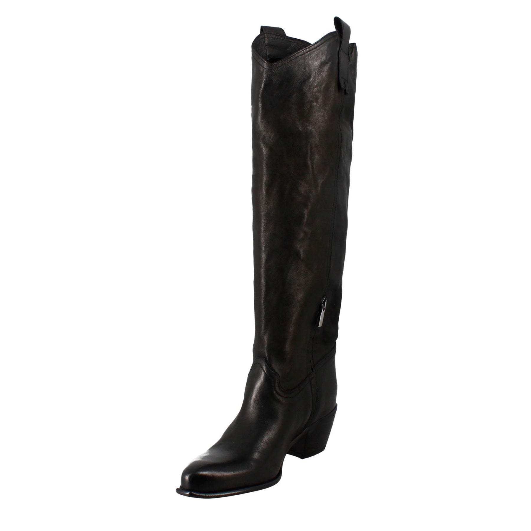 Women's handmade high Texan boots in black leather with zipper