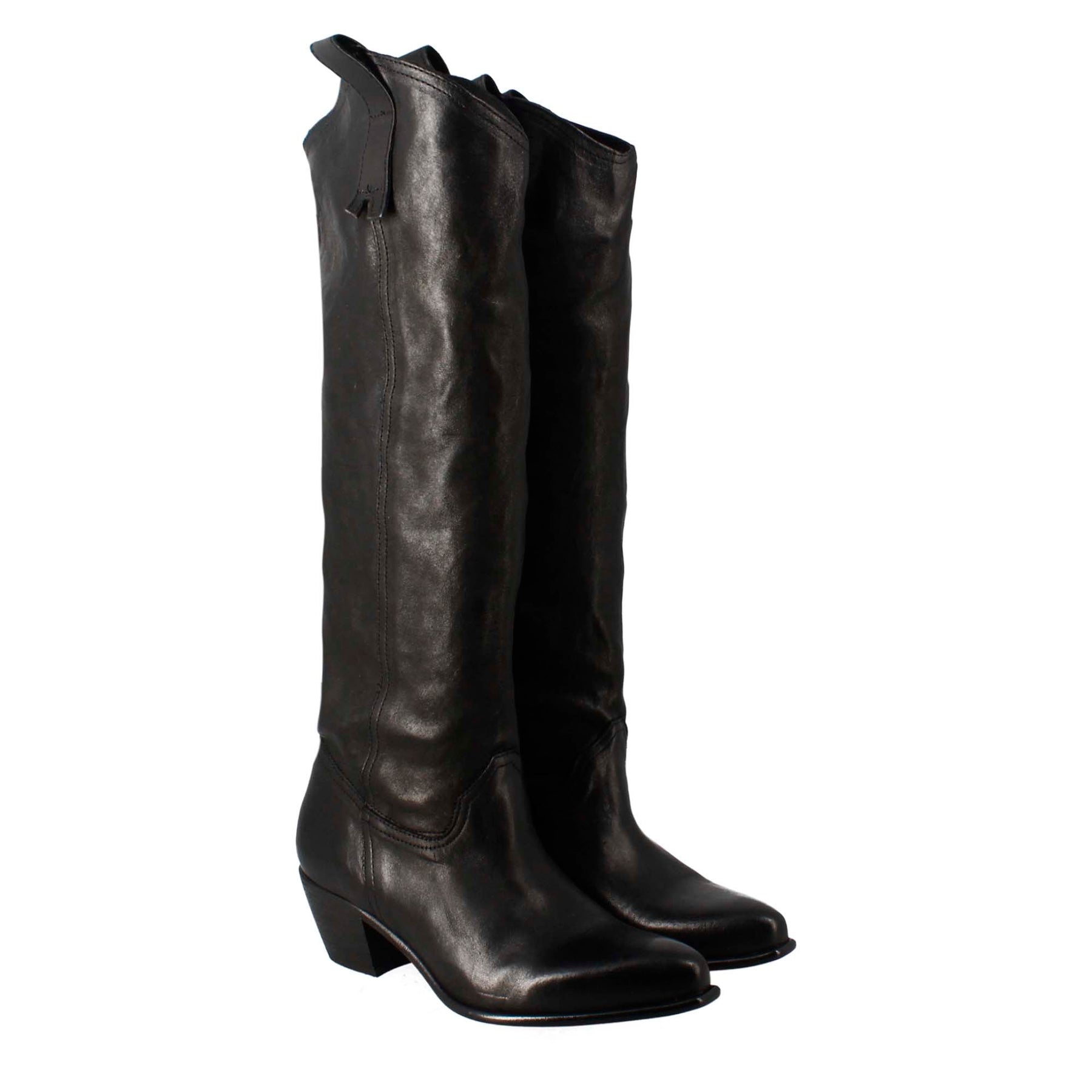 Women's handmade high Texan boots in black leather with zipper