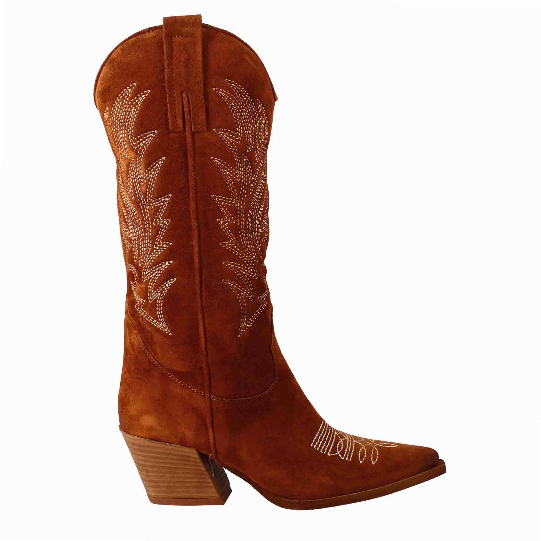 Women's medium Texan boots in brown suede with embroidery.