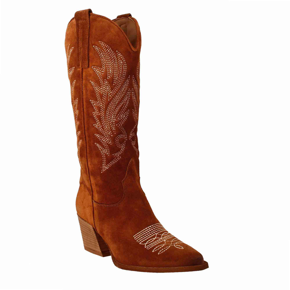 Bottes texanes moyennes pour femme en daim marron avec broderie.