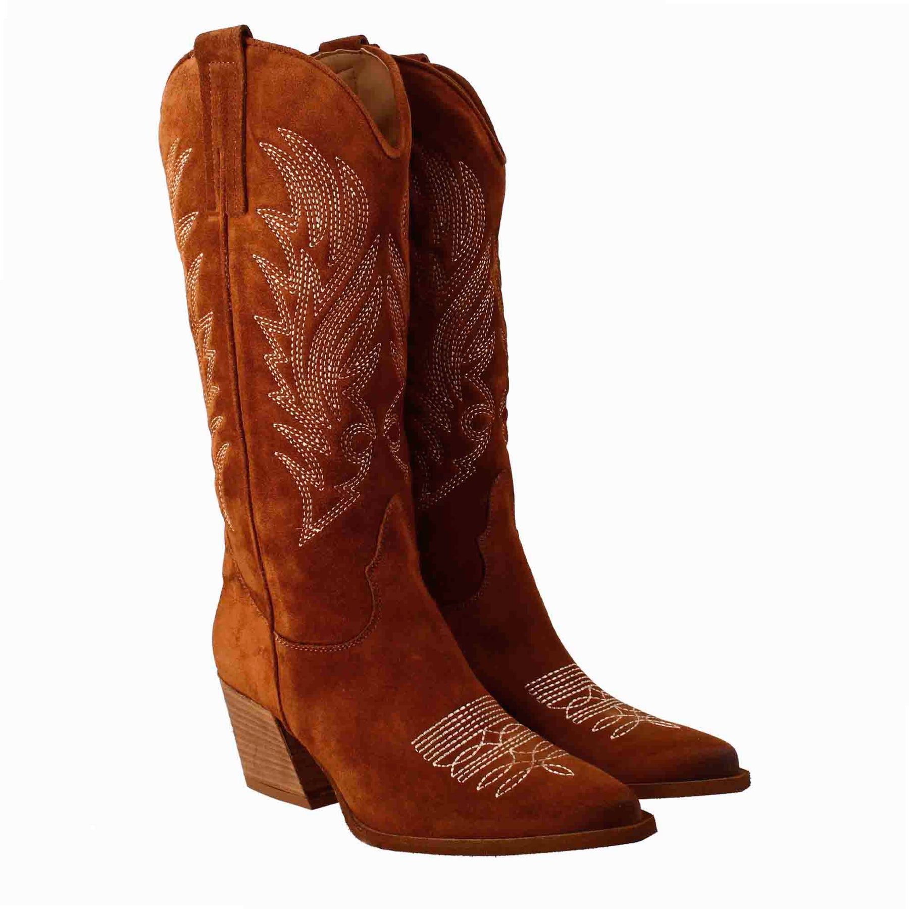 Bottes texanes moyennes pour femme en daim marron avec broderie.