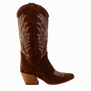Stivaletto texano da donna in camoscio color cioccolato con ricamo - LeonardoShoes