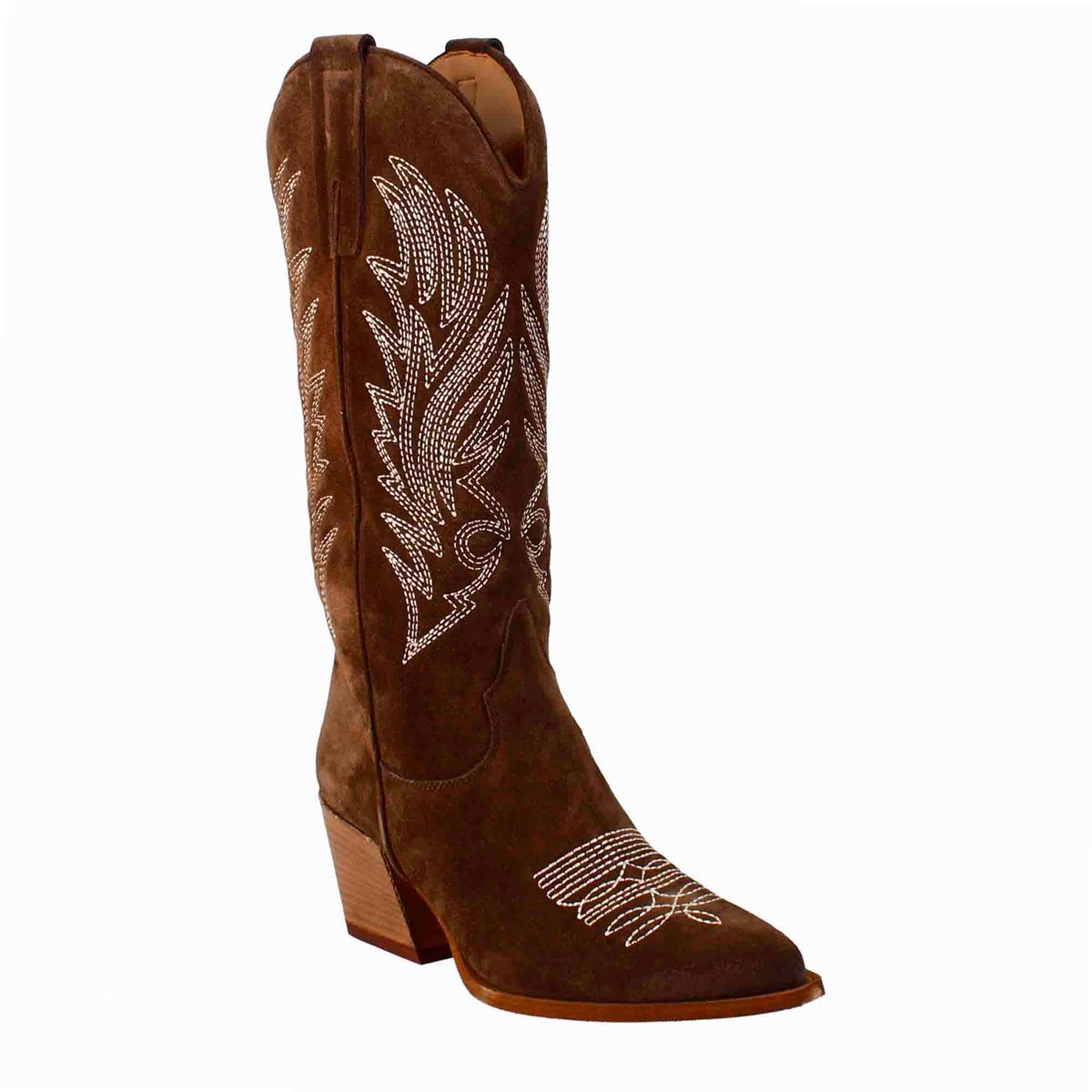 Women's Texan ankle boot in chocolate brown suede with embroidery