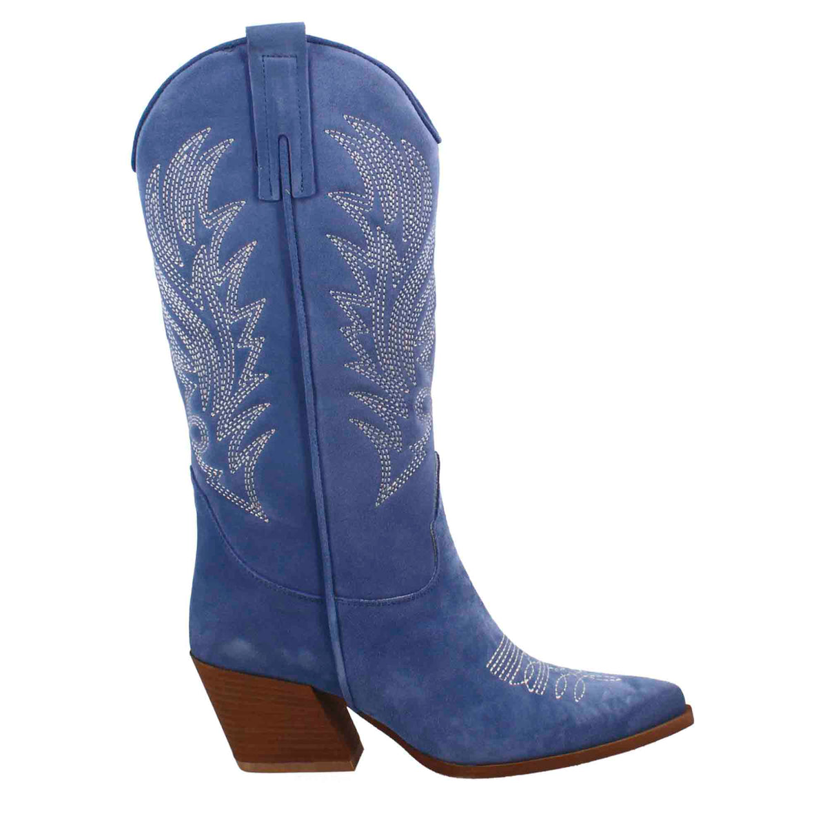 Women's medium Texan boots in blue suede with embroidery.