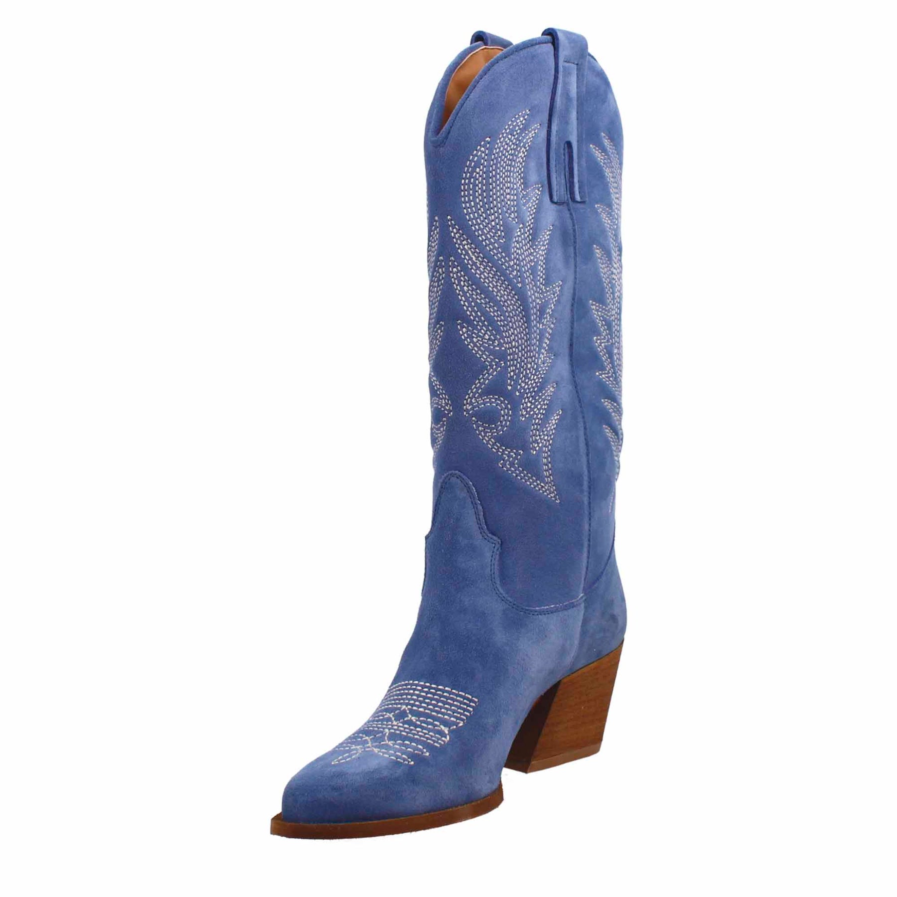 Bottes texanes moyennes pour femme en daim bleu avec broderie.