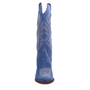 Women's medium Texan boots in blue suede with embroidery.