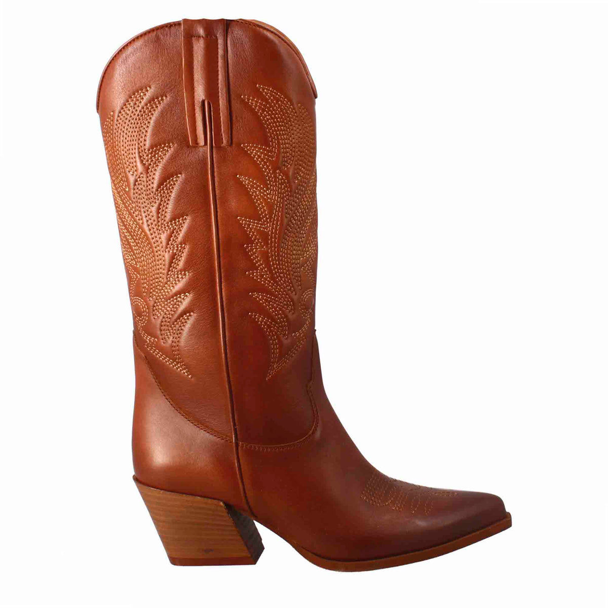 Bottes texanes moyennes pour femme en cuir marron avec broderie.
