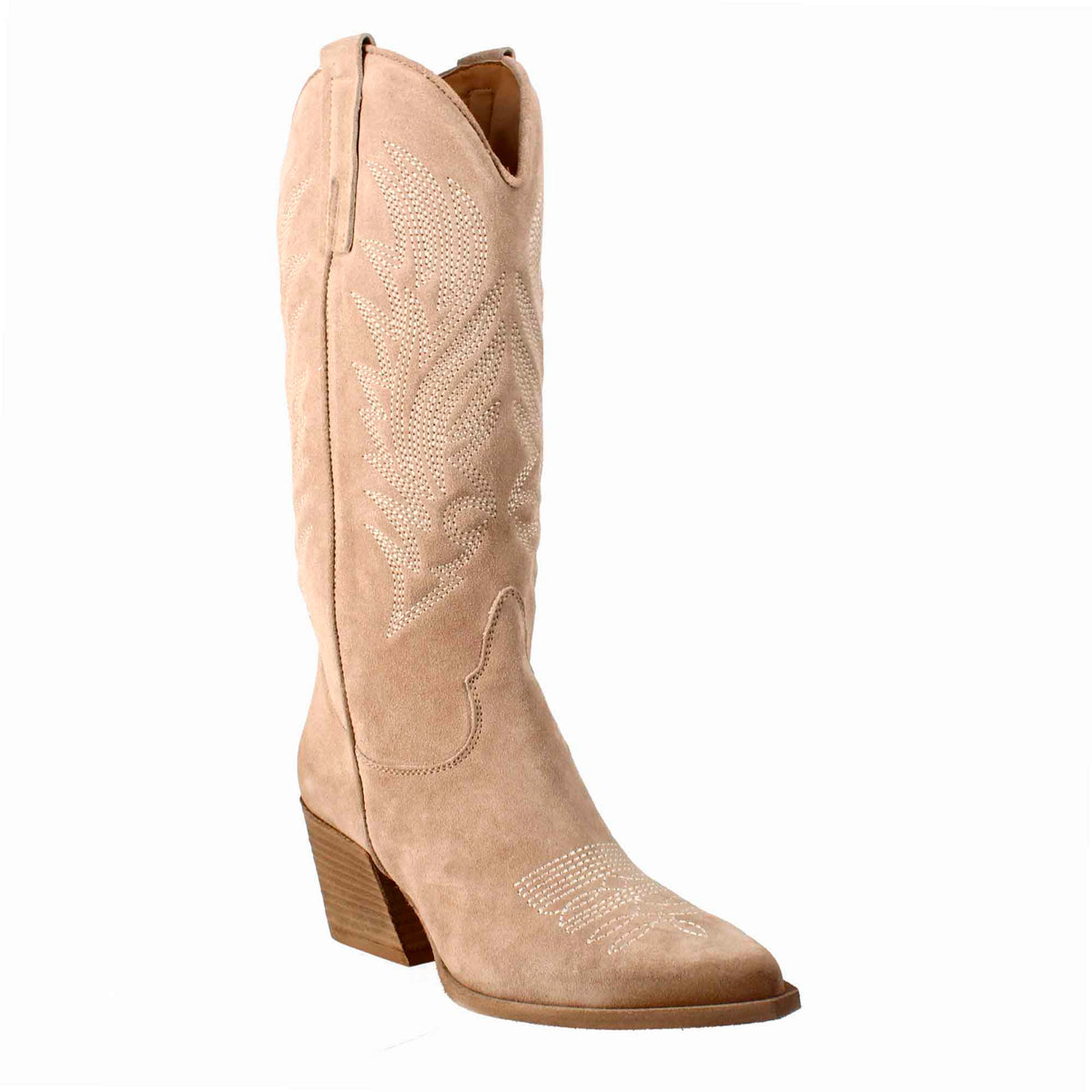 Bottes texanes moyennes pour femme en daim beige clair avec broderie.