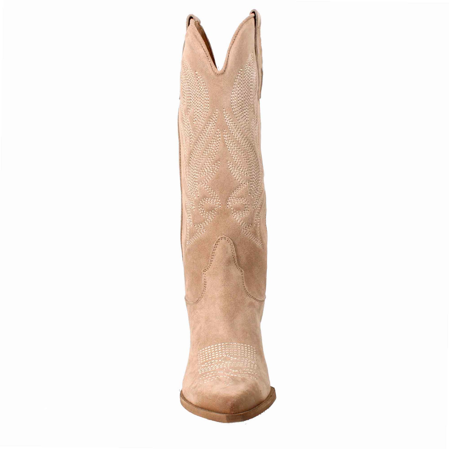 Women's medium Texan boots in light beige suede with embroidery.